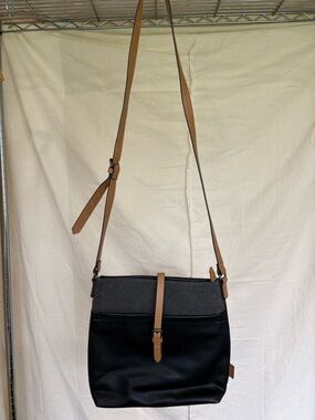 Roots Black Crossbody Bag with Tan Strap